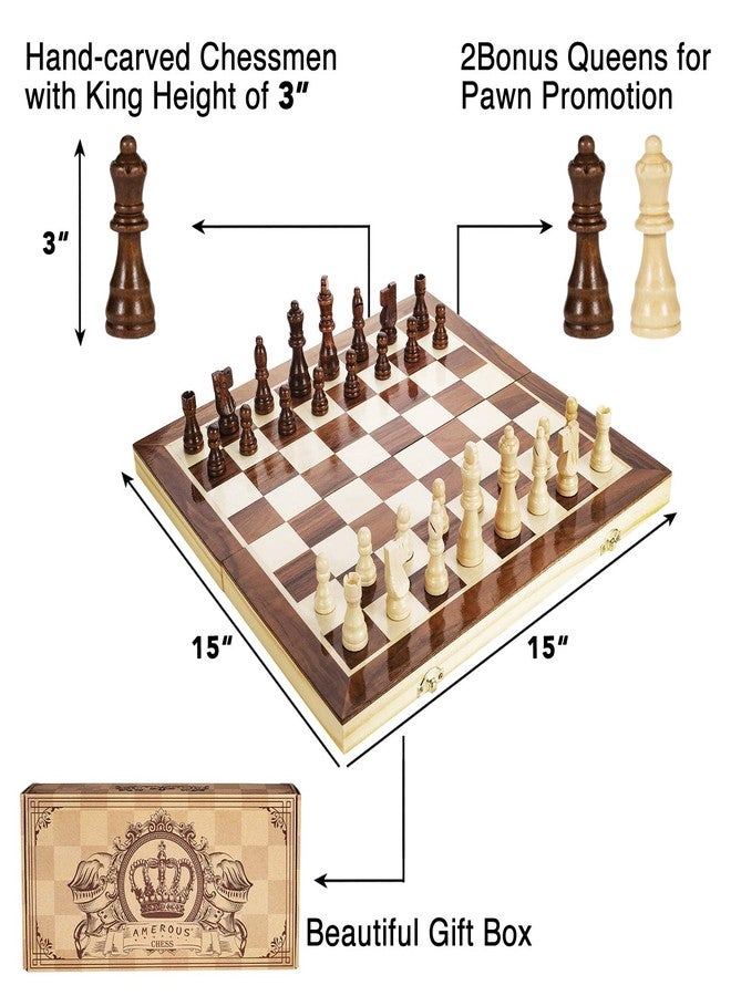 AMEROUS 15 Inches Magnetic Wooden Chess Set - 2 Extra Queens - Folding Board - Pieces Storage Slots, Handmade Portable Travel Chess Game - Beginner Chess Set for Kids, 6 up Age - Image 3